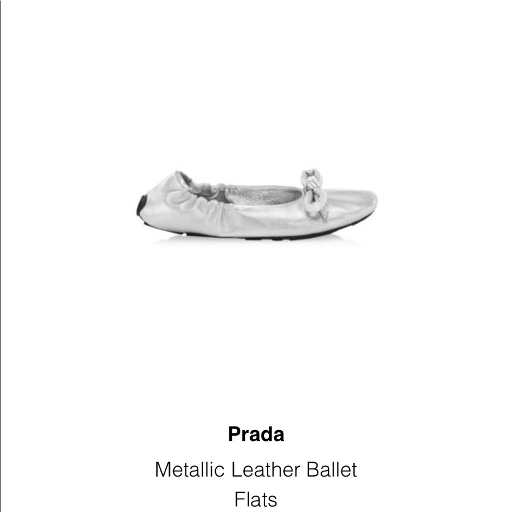 Prada metallic silver leather bow flat. Never worn. New in box and with tags.